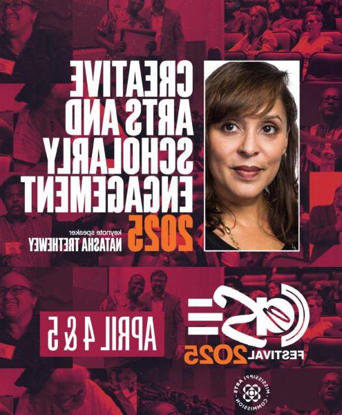 11Flyer has a red background with bold white letters reading Creative Arts and Scholarly Engagement 2025. There is a close-up headshot of Natasha Trethewey to the left of the text. Event info is in the body of the post.